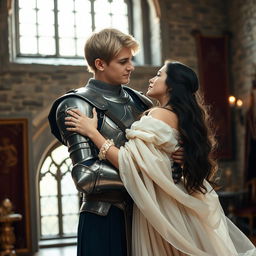 An image of a 22-year-old blonde medieval knight embracing an 18-year-old European princess with long black hair in the background of a stone castle room