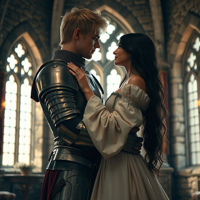 An image of a 22-year-old blonde medieval knight embracing an 18-year-old European princess with long black hair in the background of a stone castle room