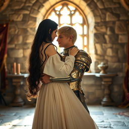 An image of a 22-year-old blonde medieval knight embracing an 18-year-old European princess with long black hair in the background of a stone castle room