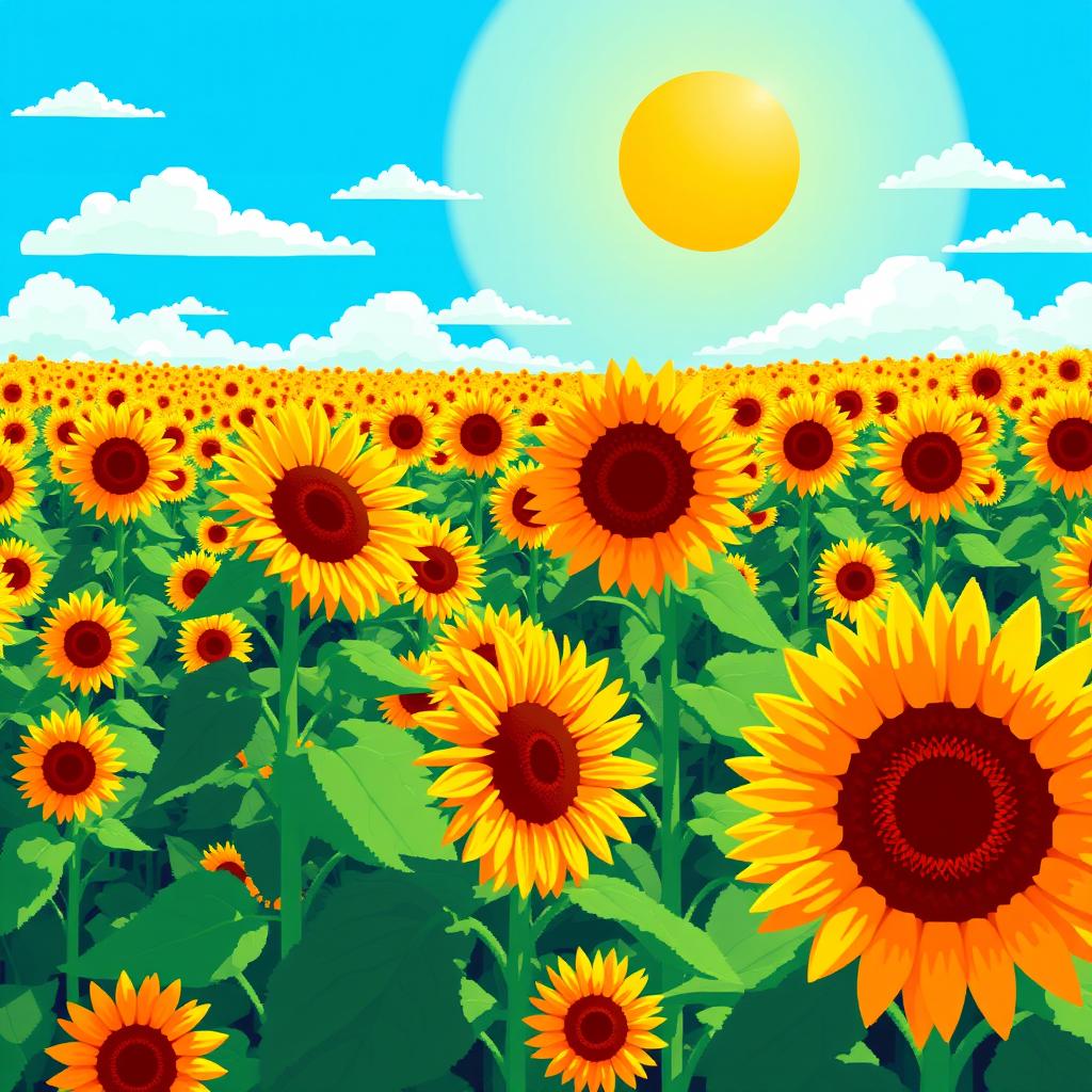 A vibrant pixel art scene depicting a beautiful field of sunflowers under a bright blue sky