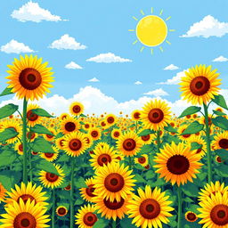 A vibrant pixel art scene depicting a beautiful field of sunflowers under a bright blue sky