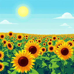 A vibrant pixel art scene depicting a beautiful field of sunflowers under a bright blue sky