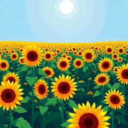 A vibrant pixel art scene depicting a beautiful field of sunflowers under a bright blue sky