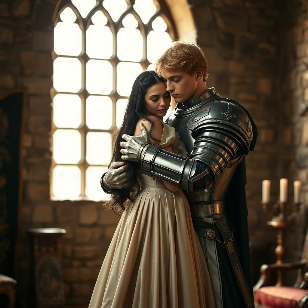 An image of a 22-year-old blonde medieval knight embracing a young European princess with long black hair in the background of a stone castle room