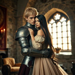 An image of a 22-year-old blonde medieval knight embracing a young European princess with long black hair in the background of a stone castle room