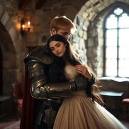 An image of a 22-year-old blonde medieval knight embracing a young European princess with long black hair in the background of a stone castle room