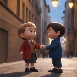 An animated, cinematic frame featuring a little guy heroically helping a poshly dressed, lost rich girl. The scene is infused with drama, rendered in vivid animation aesthetics.