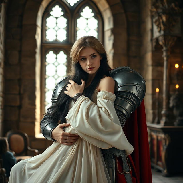 An image of a 22-year-old blonde medieval knight embracing a young European princess with long black hair in the background of a stone castle room