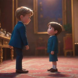 An animated, cinematic frame featuring a little guy heroically helping a poshly dressed, lost rich girl. The scene is infused with drama, rendered in vivid animation aesthetics.