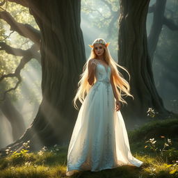 A stunning female elf in an elegant flowing white dress, with intricate silver embroidery, set in an enchanted forest