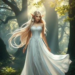 A stunning female elf in an elegant flowing white dress, with intricate silver embroidery, set in an enchanted forest