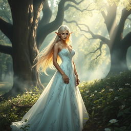 A stunning female elf in an elegant flowing white dress, with intricate silver embroidery, set in an enchanted forest