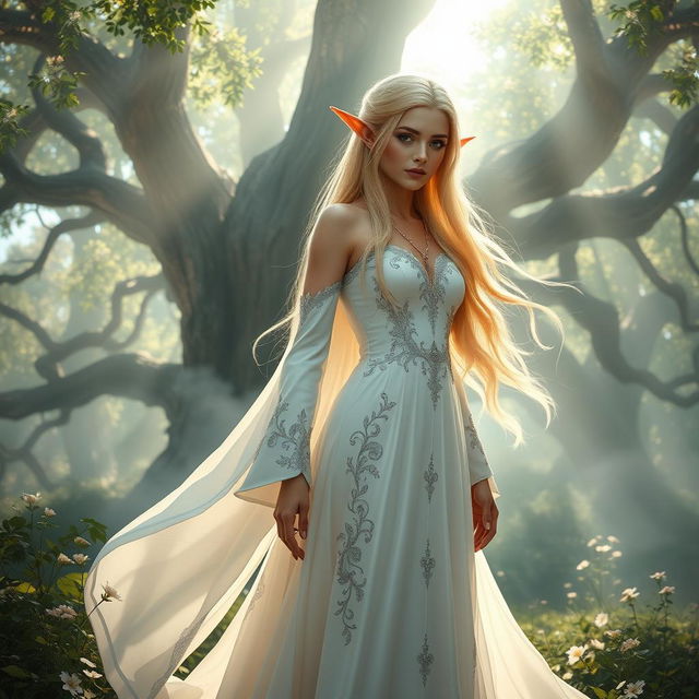 A stunning female elf in an elegant flowing white dress, with intricate silver embroidery, set in an enchanted forest