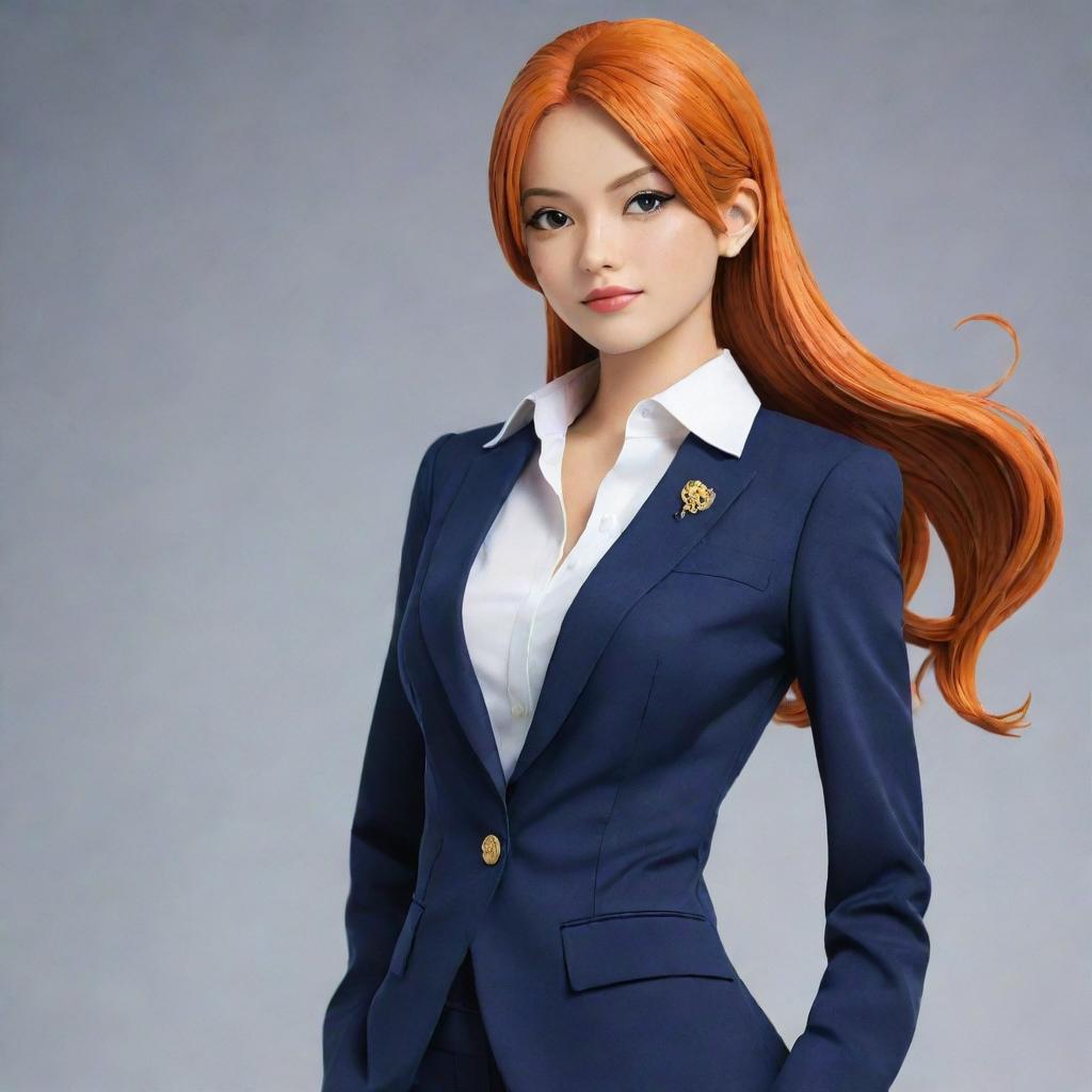 An elegant depiction of Nami, a character from One Piece, dressed in a chic and professional suit. She exudes confidence and intelligence while maintaining her stylish look.