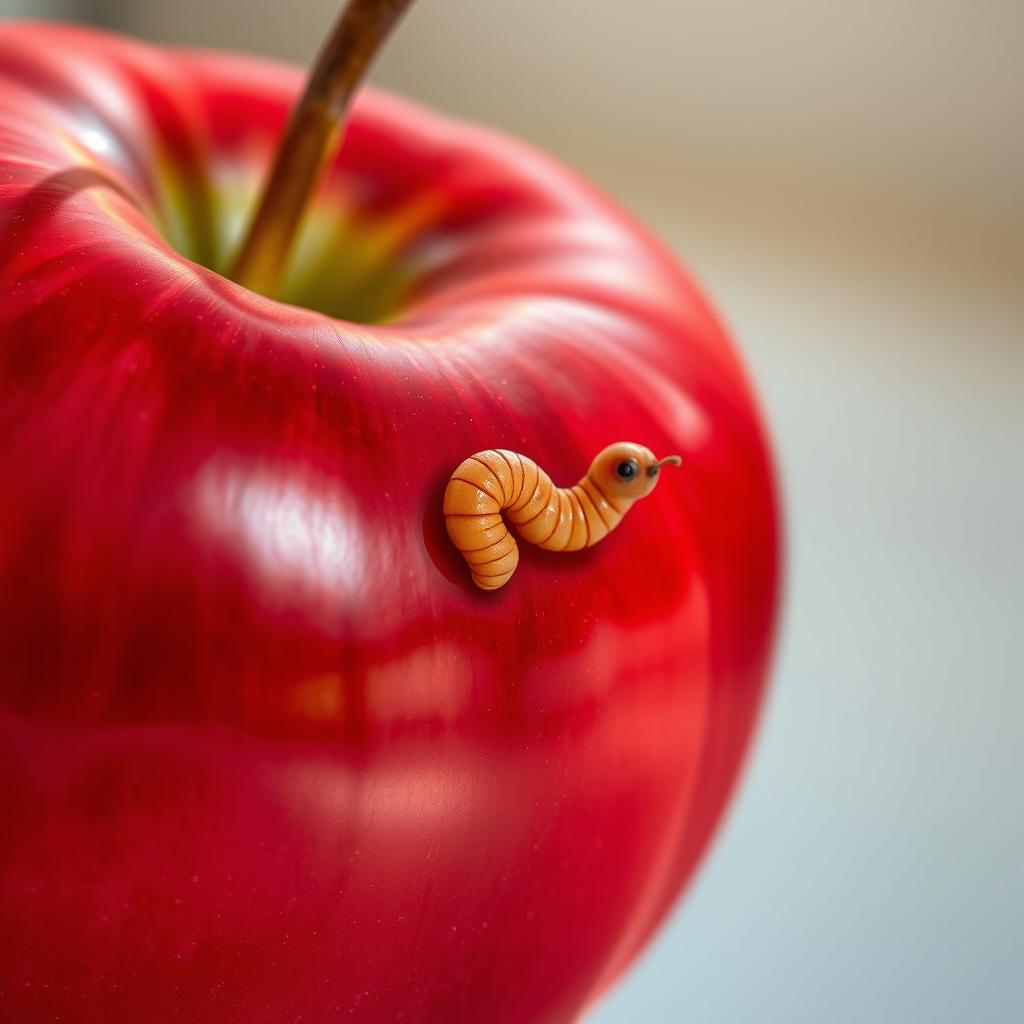 A highly detailed, hyper-realistic image of a shiny red apple with a realistic worm crawling through a small hole in its side