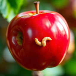 A highly detailed, hyper-realistic image of a shiny red apple with a realistic worm crawling through a small hole in its side