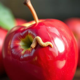 A highly detailed, hyper-realistic image of a shiny red apple with a realistic worm crawling through a small hole in its side