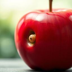 A highly detailed, hyper-realistic image of a shiny red apple with a realistic worm crawling through a small hole in its side