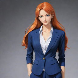 An elegant depiction of Nami, a character from One Piece, dressed in a chic and professional suit. She exudes confidence and intelligence while maintaining her stylish look.