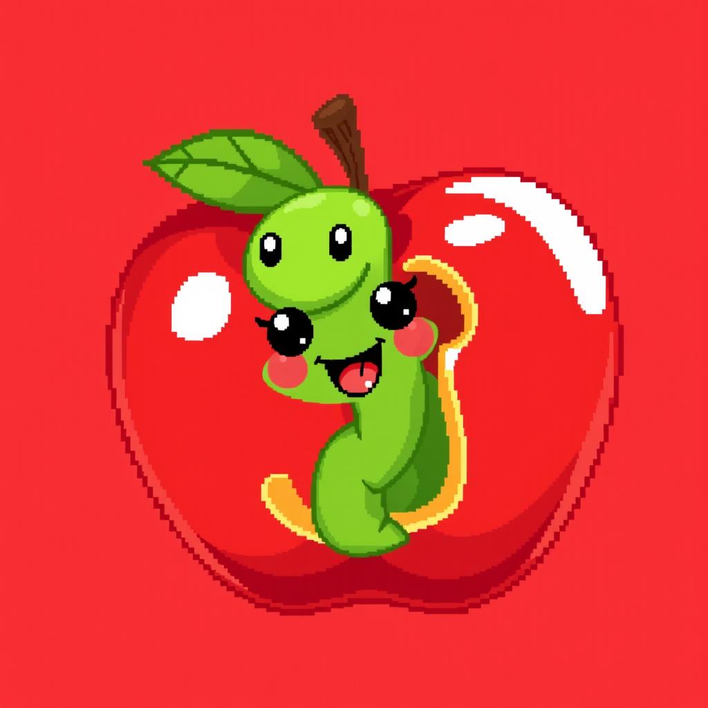 A charming pixel art depiction of a bright red apple with a cute, cartoonish green worm peeking out from a bite taken out of the apple