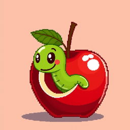 A charming pixel art depiction of a bright red apple with a cute, cartoonish green worm peeking out from a bite taken out of the apple