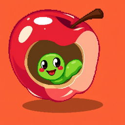 A charming pixel art depiction of a bright red apple with a cute, cartoonish green worm peeking out from a bite taken out of the apple