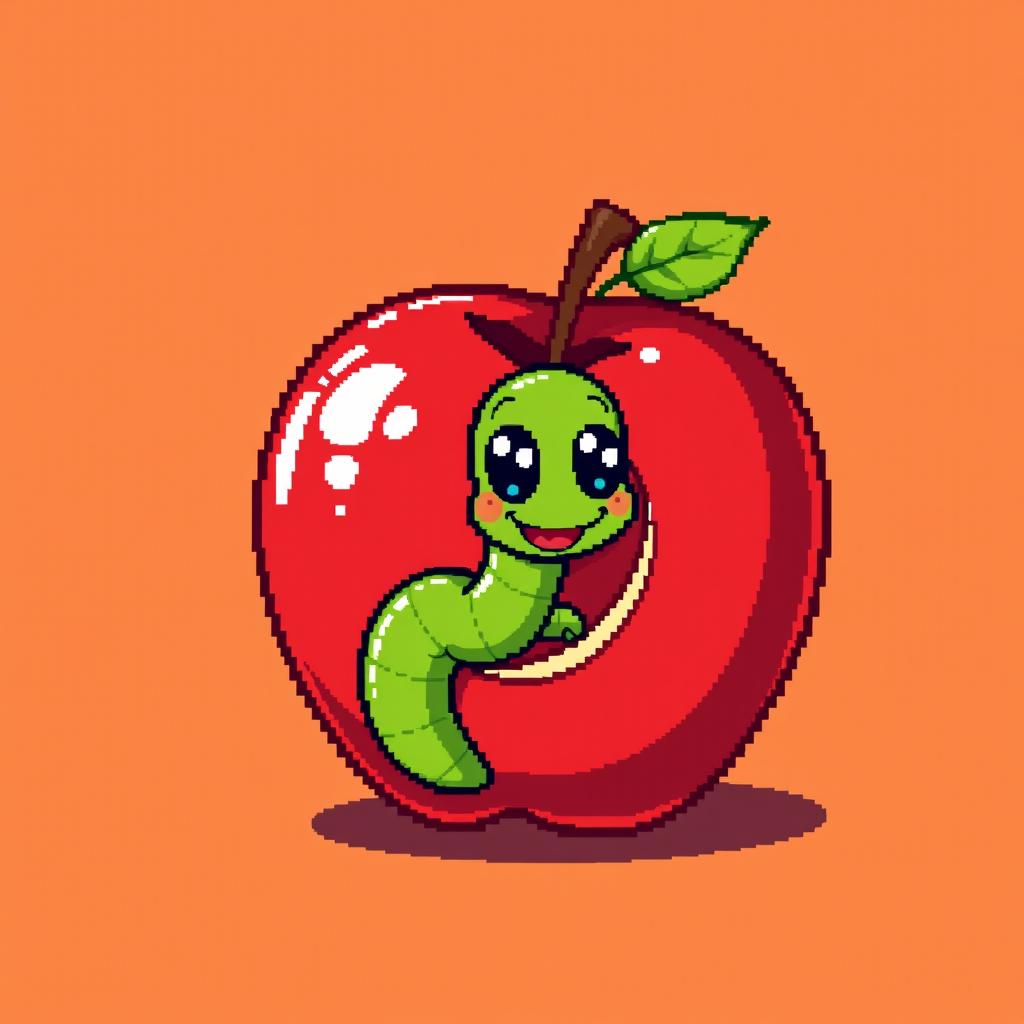 A charming pixel art depiction of a bright red apple with a cute, cartoonish green worm peeking out from a bite taken out of the apple