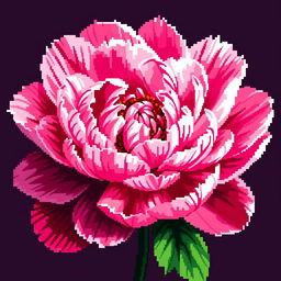 A vibrant and detailed pixel art representation of a large pink peony flower, showcasing its beautifully layered petals with varying shades of pink and hints of green leaves