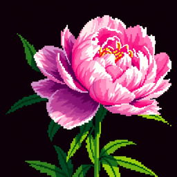 A vibrant and detailed pixel art representation of a large pink peony flower, showcasing its beautifully layered petals with varying shades of pink and hints of green leaves