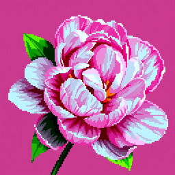 A vibrant and detailed pixel art representation of a large pink peony flower, showcasing its beautifully layered petals with varying shades of pink and hints of green leaves