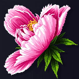 A vibrant and detailed pixel art representation of a large pink peony flower, showcasing its beautifully layered petals with varying shades of pink and hints of green leaves