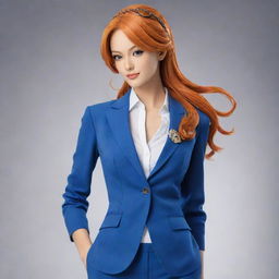 An elegant depiction of Nami, a character from One Piece, dressed in a chic and professional suit. She exudes confidence and intelligence while maintaining her stylish look.