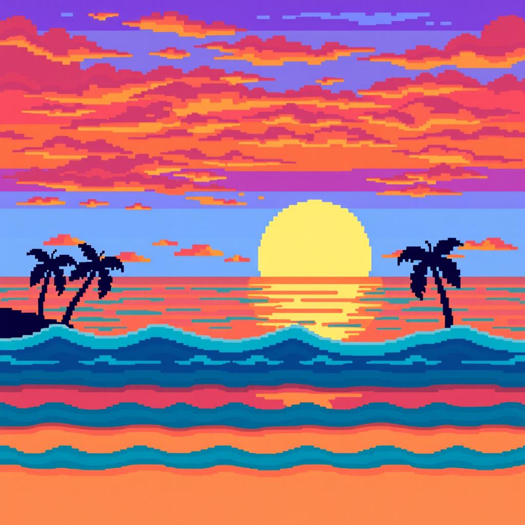 A vibrant pixel art scene depicting a serene sea at sunset