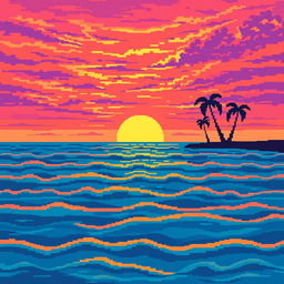 A vibrant pixel art scene depicting a serene sea at sunset