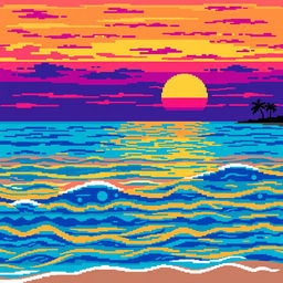 A vibrant pixel art scene depicting a serene sea at sunset