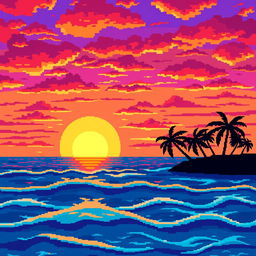 A vibrant pixel art scene depicting a serene sea at sunset