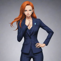 An image of Nami from One Piece, donned in a sleek suit, while staying true to her original body style. She maintains her unique character aesthetics in a suit, rendered in the signature One Piece art style.