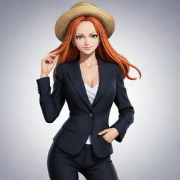 An image of Nami from One Piece, donned in a sleek suit, while staying true to her original body style. She maintains her unique character aesthetics in a suit, rendered in the signature One Piece art style.