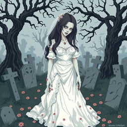 A pixel art scene depicting the corpse of a bride, featuring her wearing a tattered, traditional bridal gown that has a ghostly white color