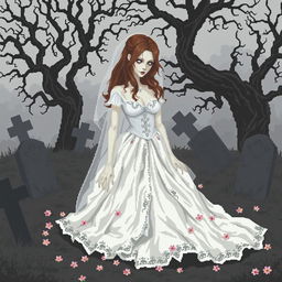 A pixel art scene depicting the corpse of a bride, featuring her wearing a tattered, traditional bridal gown that has a ghostly white color