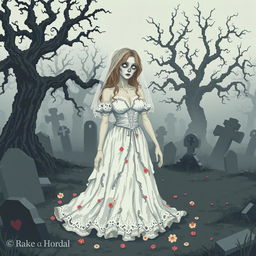 A pixel art scene depicting the corpse of a bride, featuring her wearing a tattered, traditional bridal gown that has a ghostly white color