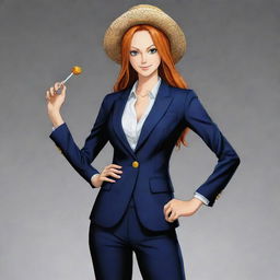 An image of Nami from One Piece, donned in a sleek suit, while staying true to her original body style. She maintains her unique character aesthetics in a suit, rendered in the signature One Piece art style.