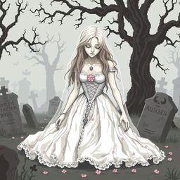 A pixel art scene depicting the corpse of a bride, featuring her wearing a tattered, traditional bridal gown that has a ghostly white color