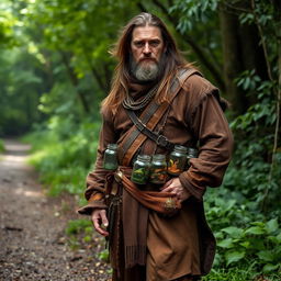 A middle-aged man dressed in intricate medieval costume, complete with a rich, textured tunic and trousers, sporting long flowing hair that adds to his adventurous aura