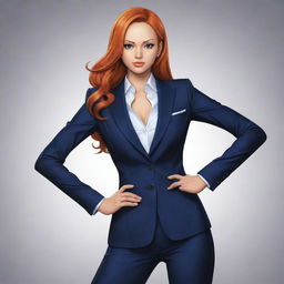 An image of Nami from One Piece, donned in a sleek suit, while staying true to her original body style. She maintains her unique character aesthetics in a suit, rendered in the signature One Piece art style.