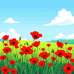 A vibrant pixel art depiction of a field filled with bright red poppies, gently swaying in a soft breeze