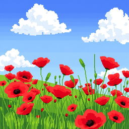 A vibrant pixel art depiction of a field filled with bright red poppies, gently swaying in a soft breeze