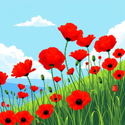 A vibrant pixel art depiction of a field filled with bright red poppies, gently swaying in a soft breeze