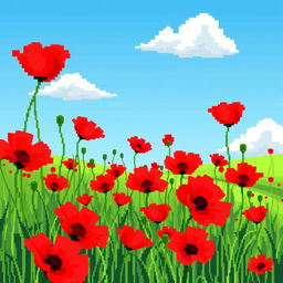 A vibrant pixel art depiction of a field filled with bright red poppies, gently swaying in a soft breeze