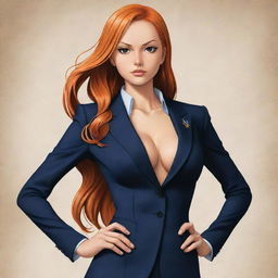 An adaptation of Nami from One Piece, dressed in a sleek suit. The artwork retains her original features but makes her body slim, all within the distinctive One Piece art style.